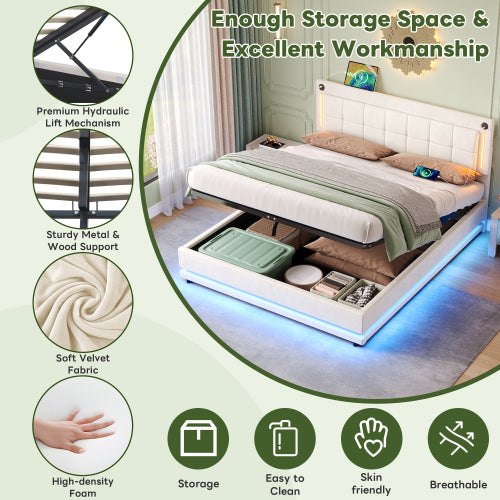 4ft6 Double LED Hydraulic Bed With Charging Station, Adjustable Square Tufted Headboard With Intelligent Control Light, Soft Velvet Bed Frame With USB And Type - C Ports, Beige