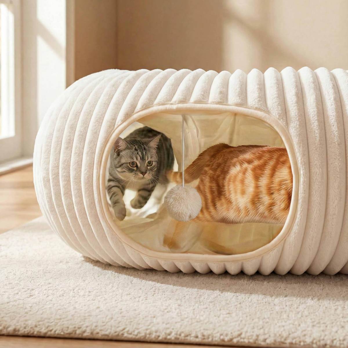 Cat Tunnel Bed With  Interactive Cat Toys, Cat Tube With Kitten Toys For Indoor Kittens, Collapsible Play Tunnel, White