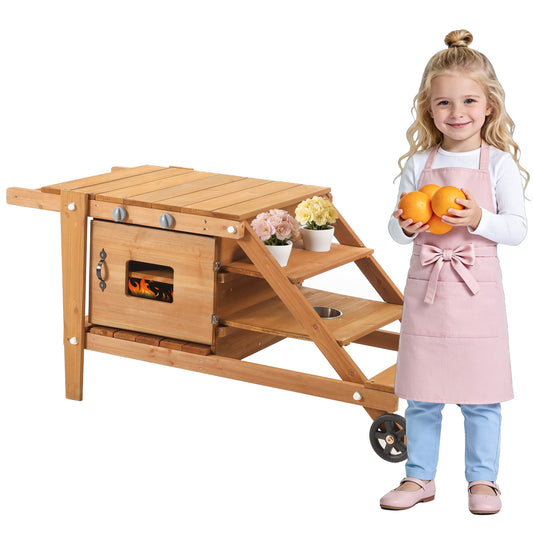 Outdoor Children's Kitchen With Wheels, Mud Kitchen For Children, Play Kitchen Incl, Kitchen Accessories, Wooden Food Trolley, Mud Kitchen Kitchen Set Garden Kitchen For Children From 3 Years  Natural