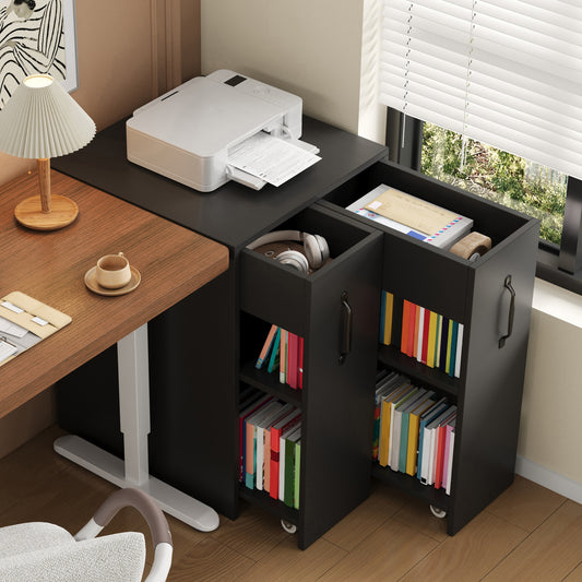 Bookcase With Wheels Mobile Sideboard With Pull-out Side Drawer, Large Wheels, Edge Protectors, Reversible Left Right Configuration Storage Furniture For The Desk, Bedside Table,bathroom