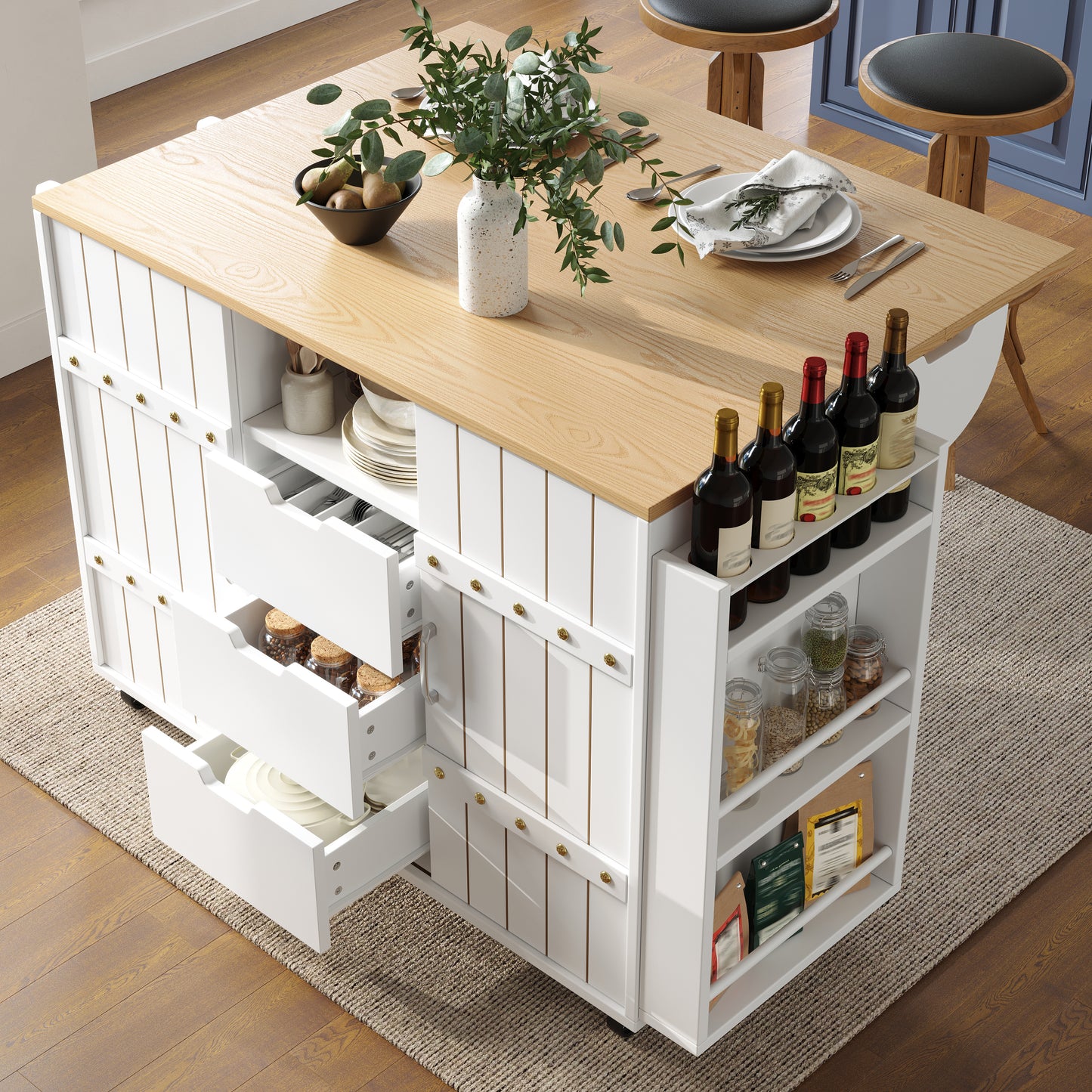 Kitchen Cabinet, Serving Trolley With Wood Grain, Kitchen Trolley With Castors And Worktop, Kitchen Trolley With Spice Rack And Towel Rail, Kitchen Island With Sliding Doors And Drawers, White