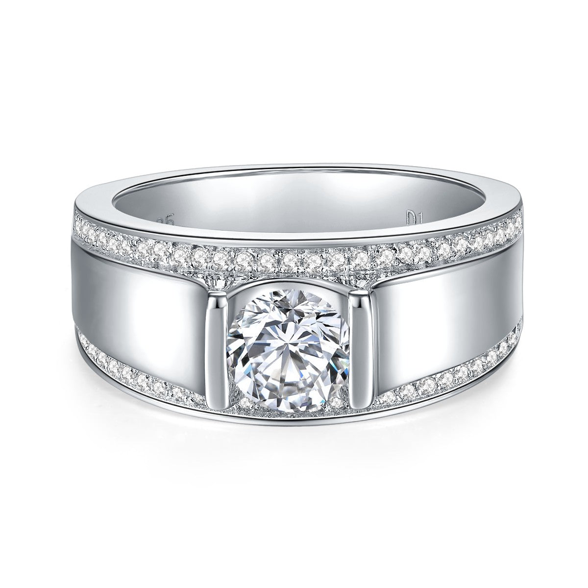 S925 Sterling Silver Wide Band Moissanite Ring, 1&2ct D-VVS1 Bezel Set With Pave Edges, US Sizes 5-9, GRA Certificate Gift Box