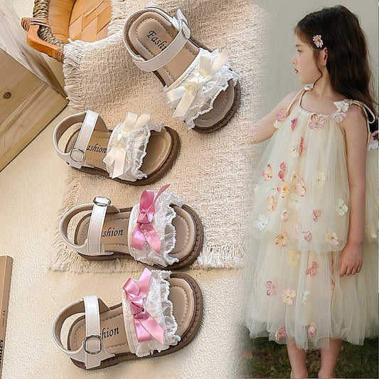 2026 Spring Summer Ins Kids Sandals, Korean Style Girls Flat Princess Shoes With Bow & Mesh Lace Trim