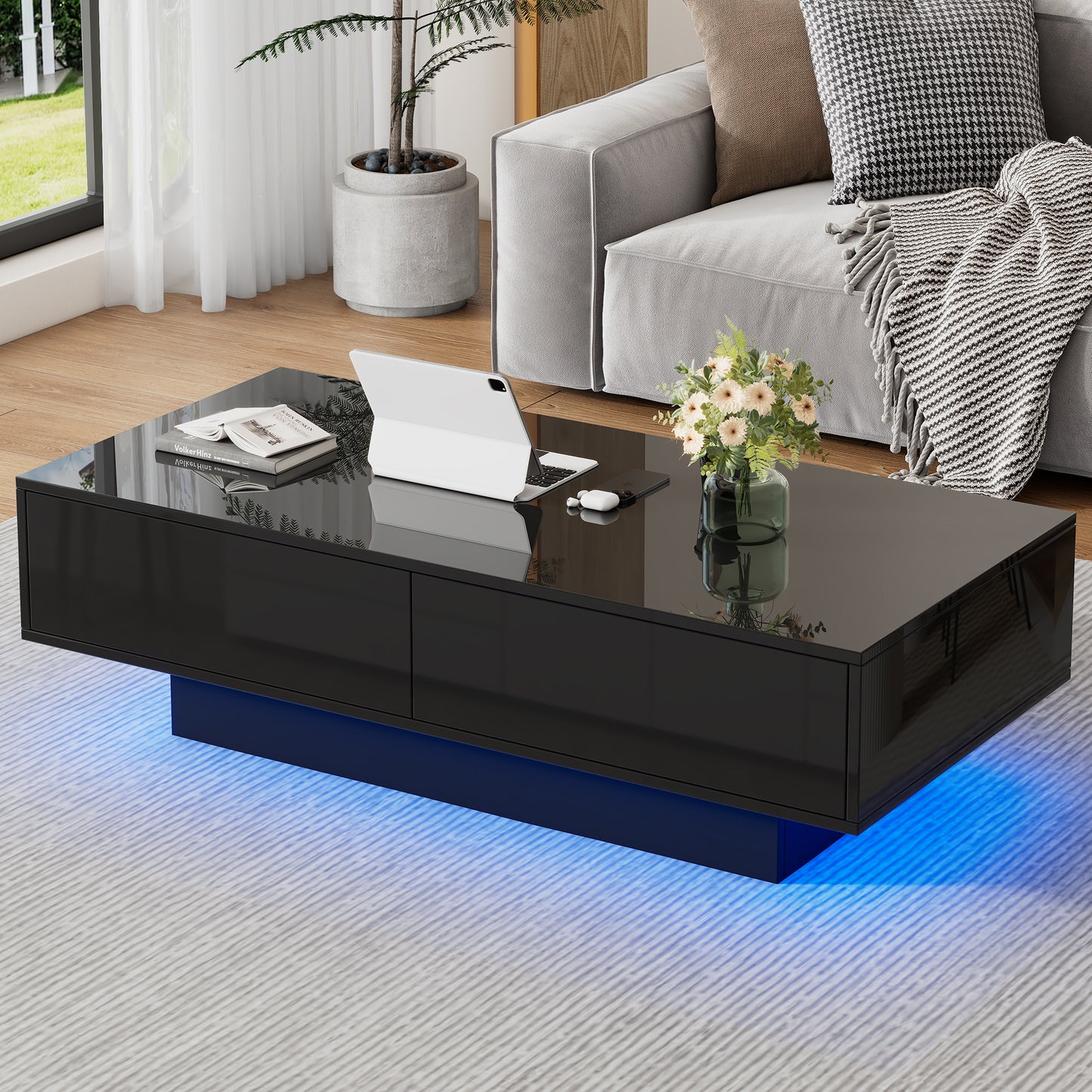 Modern Black Glossy Coffee Table, 115 X 55 X 34 Cm, With 2 Drawers, LED Lighting And 30 Kg Load Capacity - Elegant Living Room Coffee Table