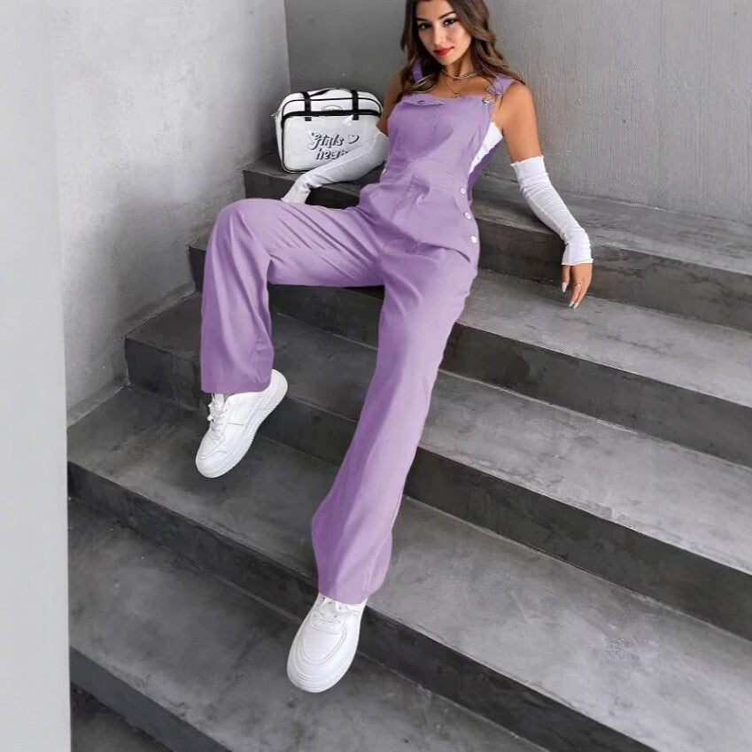Womens Overalls Loose-fitting Straight-leg Casual Fashion Solid-color Trousers