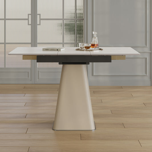 Retractable Rock Slab Folding Dining Table  Modern Square Expandable Table With Leather-Wrapped Stainless Steel Base  Dual-Purpose Space Saving Kitchen Table For Small Apartments
