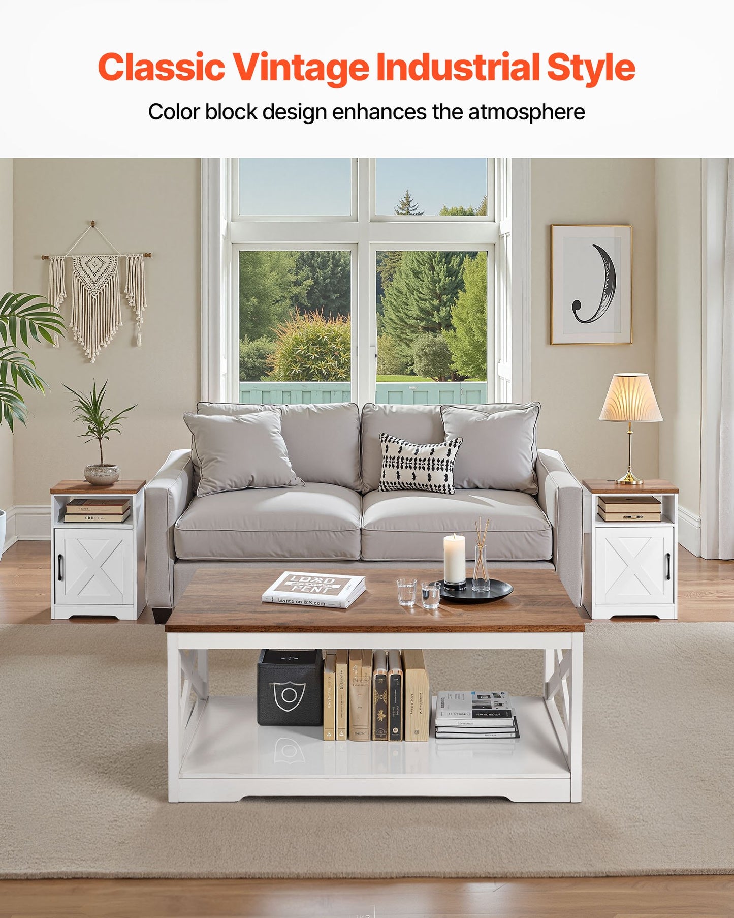 3 Pieces Farmhouse Coffee Table Sets, 40 In Industrial Coffee Table With 2 End Side Tables, Easy Assembly Coffee And End Tables Sets With Charging Station, For Office, Living Room & Apartment