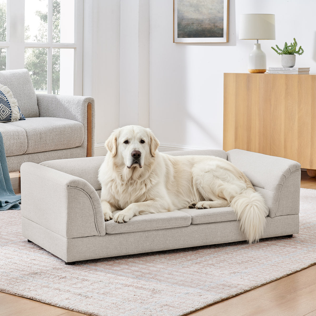 Oversized Pet Sofa, Curved Armrest Rectangular Dog Sofa, Linen Fabric Comfort Pet Couch for Large & Oversized Dogs-Beige
