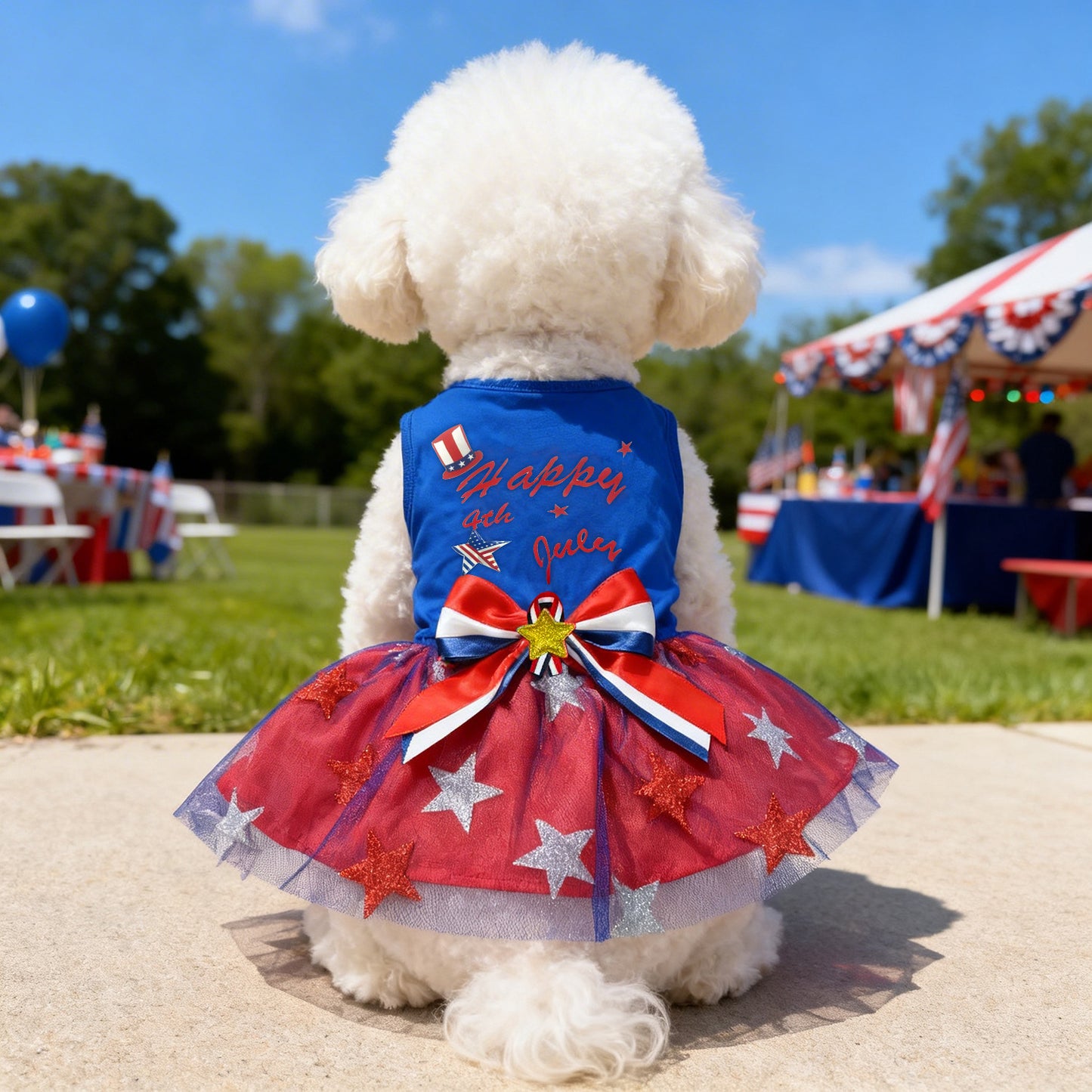 Dog Tulle Dress Independent Day Patriotic Stars Dog Outfit Sparkly Pet Holiday Dress With Bow For Small Dogs Cat Clothes