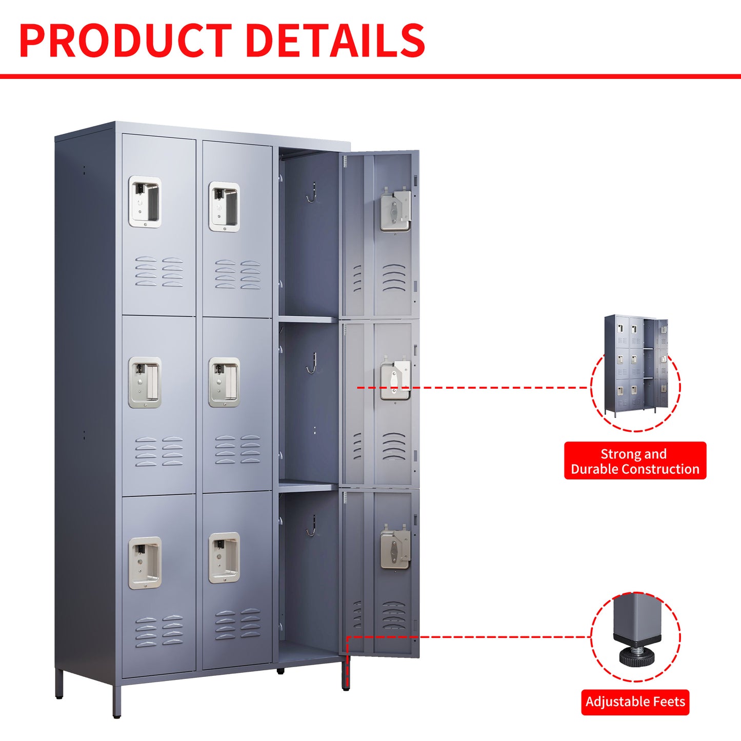 9 Door 72 H Metal Lockers With Lock For Employees,School,Office,Gym,Bedroom,Storage Locker Cabinet,Gray,Assembly Required