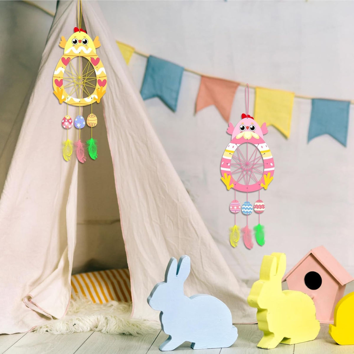 Easter Chick Craft Kit & Dreamcatcher Craft Kit: Complete Set With 5 Nets, 32 Feathers, And Accessories For Spring Decorations