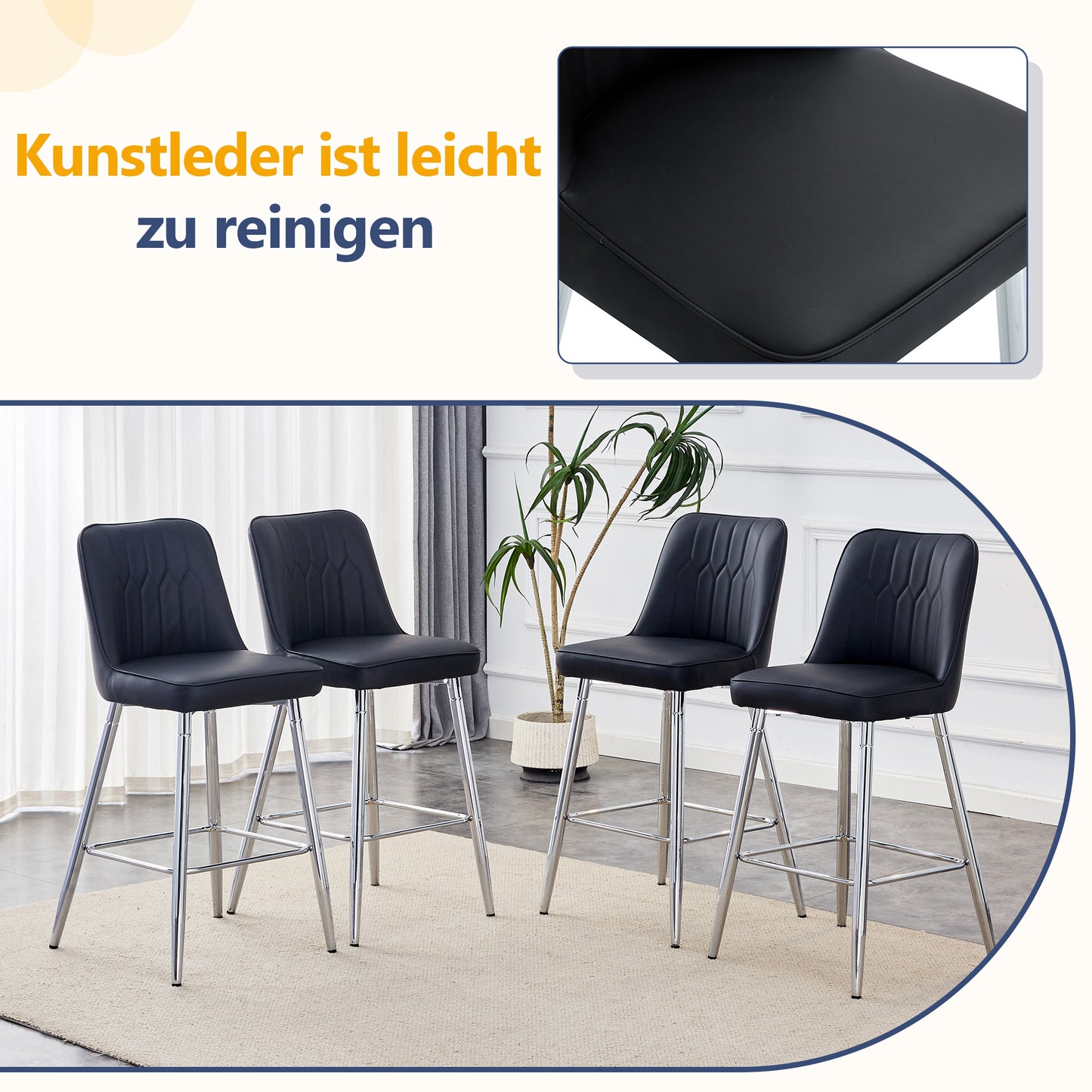 Set Of 2 Bar Stools, 100 Cm High, Black PU Leather With Silver-coloured Metal Frame And Comfortable Footrest. Available In Several Colours  The Ideal Choice For Your Home Bar.