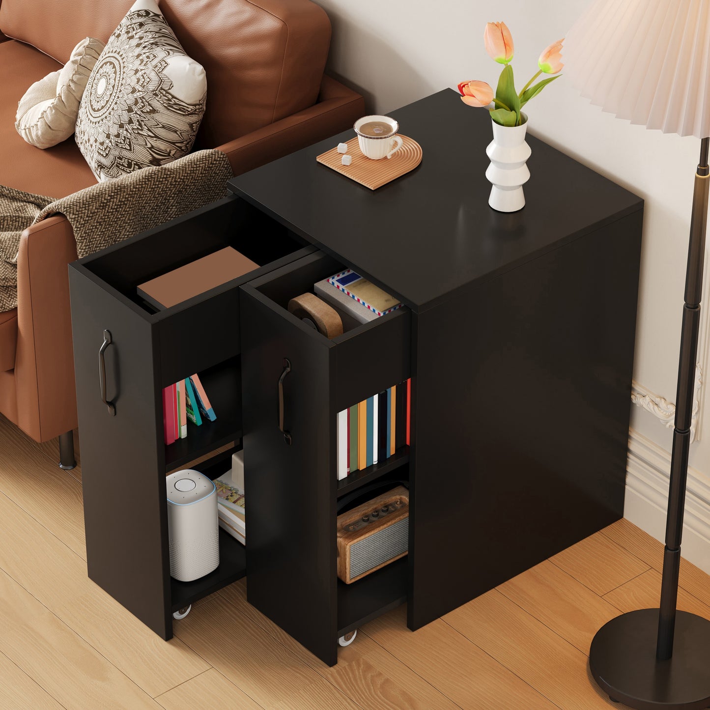 Bookcase With Wheels Mobile Sideboard With Pull-out Side Drawer, Large Wheels, Edge Protectors, Reversible Left Right Configuration Storage Furniture For The Desk, Bedside Table,bathroom