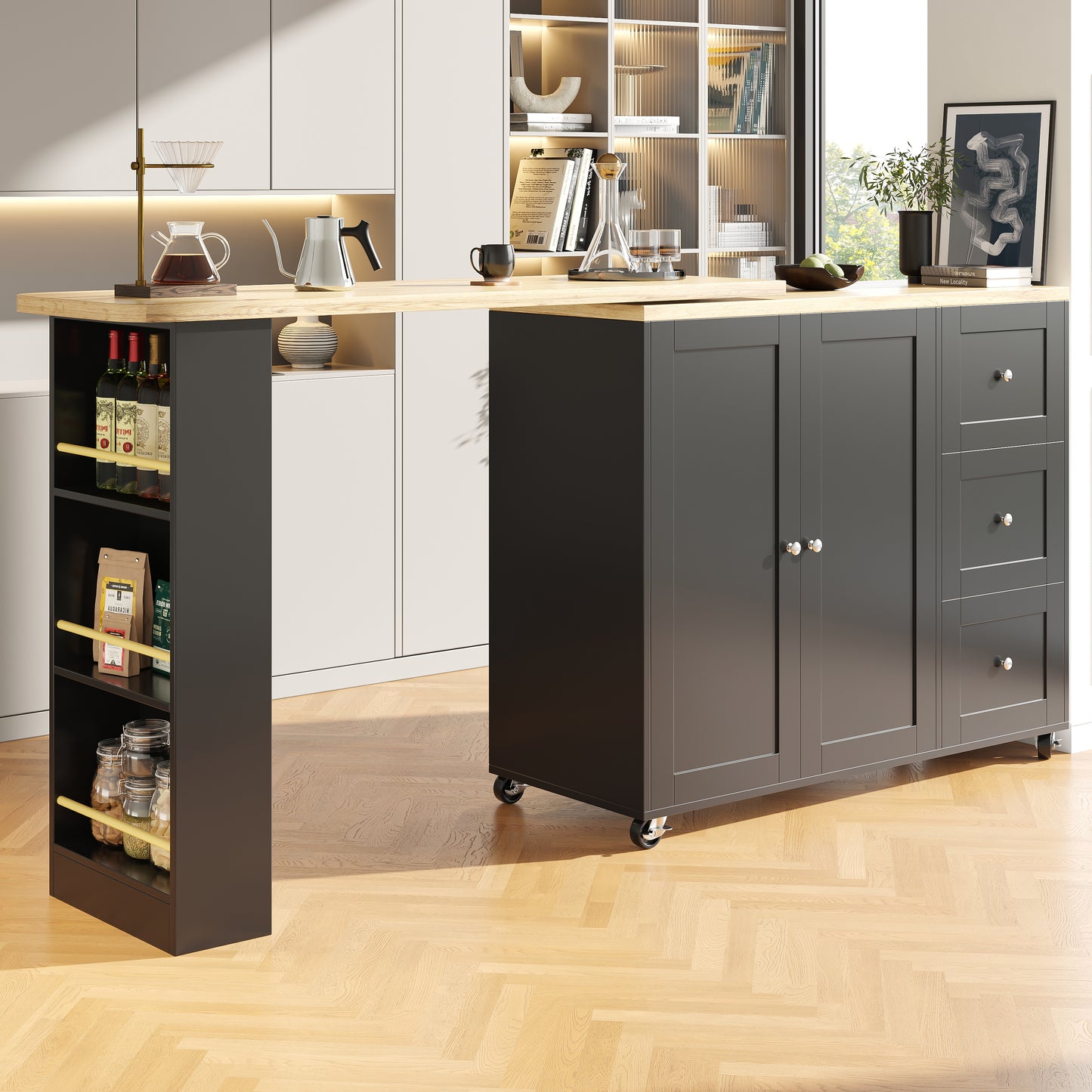 360 Swivel Bar Table  135-203 X 39 X 106 Cm  On Wheels, Black, With Three Drawers. Comes With Snack Holder. Multifunctional Storage Island, Suitable For Kitchen And Living Room