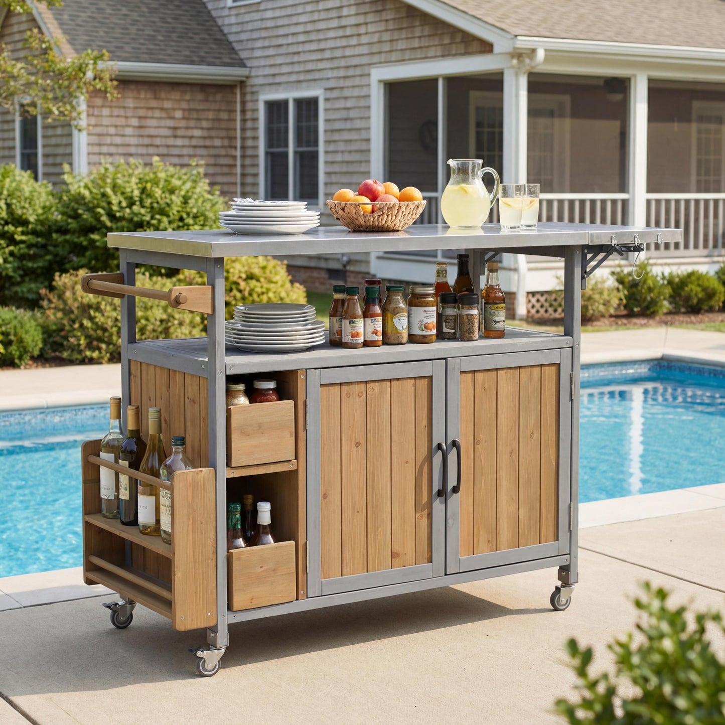 54.33  Farmhouse Rolling Outdoor Kitchen Cart, Solid Wood Frame With Stainless Steel Top, Spice Rack, Towel Rack, Lockable Wheels & Multi-Functional Storage For Patio,  BBQ & Kitchen