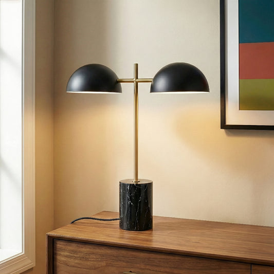 Black Table Lamp With On Off Switch, Double Lamp, Faux Marble Base 22.4   H X 20   W X 7.9   D For Living Room, Desk Lamps For Office Reading
