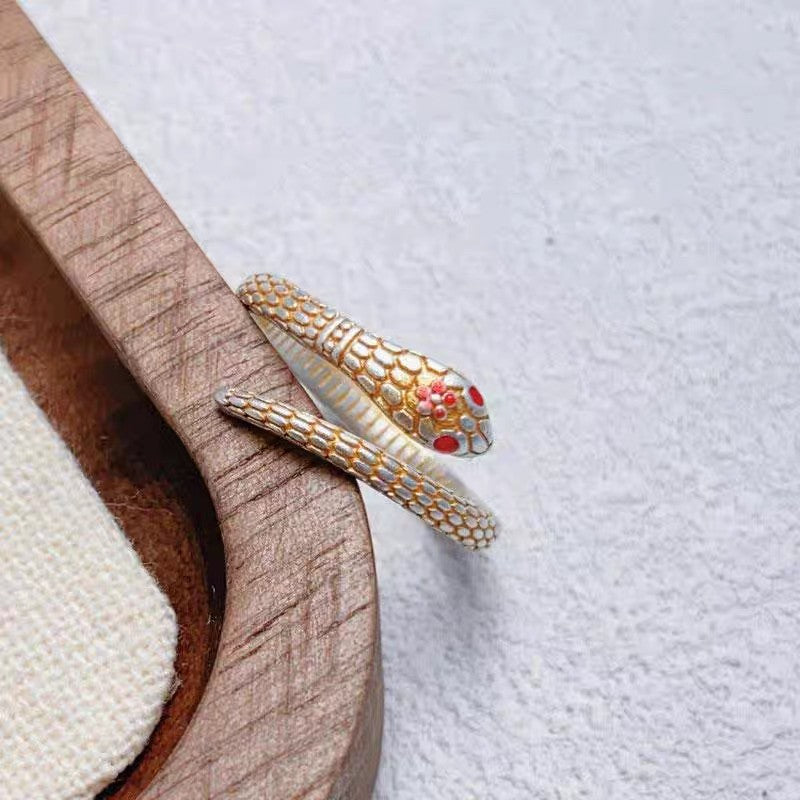 1pc 999 Sterling Silver Gold-Plated Enamel Peach Blossom Snake Open Ring, Retro & Elegant Style, Perfect For Daily, Dating & Gifting, Ideal Valentine's Gift