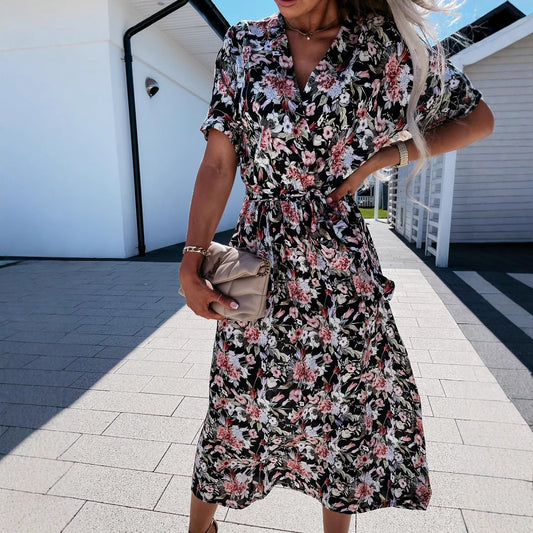 Womens Fashion Floral V-Neck Defined Waist Short-Sleeve Dress