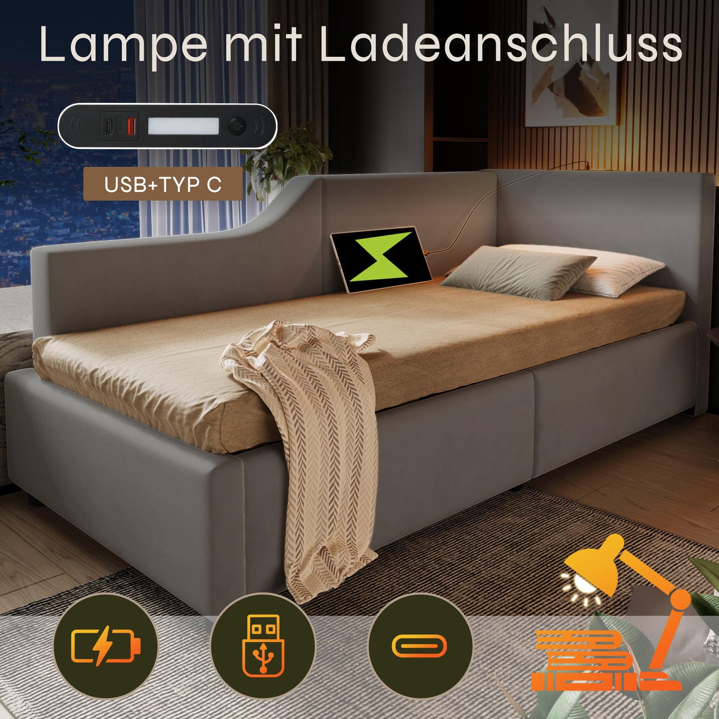 Upholstered Bed Daybed Daybed 90x190cm, Sofa Bed With Hydraulic Storage, Reading Light Function And USB-C Charging Function, Children's Bed Bed Frame With Wooden Slatted Base, Velvet, Grey