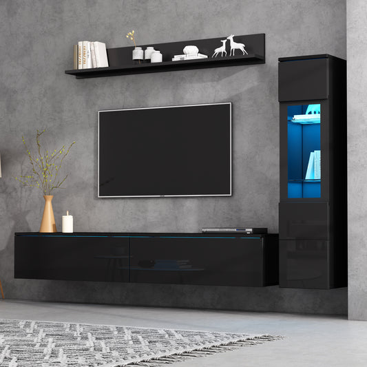 TV Wall Unit Set 3-Piece LED Lighting High Gloss Black Living Room Furniture Set Frontal Wall Unit Black 1 X TV Cabinet, 1 X Living Room Display Cabinet, 1 X Hanging Shelf, TV Up To 80'