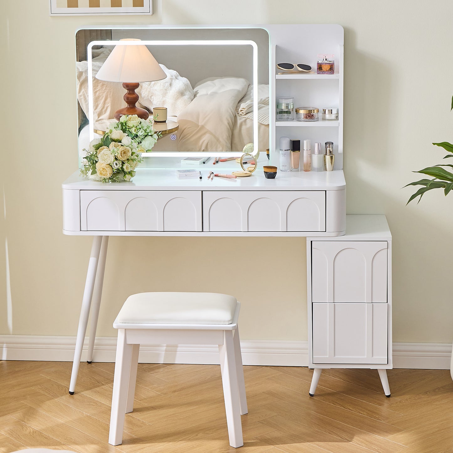 Modern Makeup Vanity Desk With LED Lights & Mirror, 4 Drawer Dressing Table Set With Stool, 3 Colors Dimmable Brightness, Space-Saving For Bedroom, White
