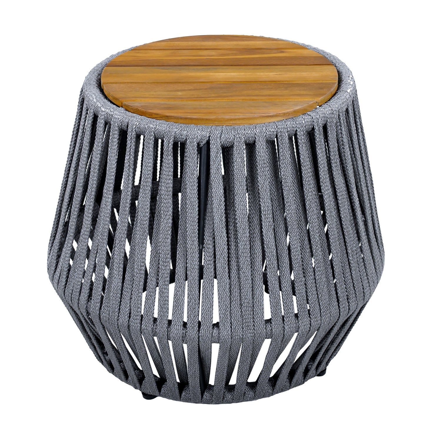 Outdoor Side Table With Rope And Acacia Wood - Teak Finish, 100 LBS Capacity, Weather-Resistant, Grey Rope Design