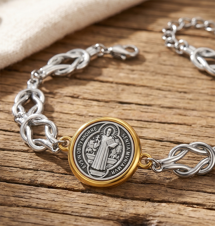St Benedict Medal Bracelet For Women Men, Stainless Steel Knot Chain San Benito Coin Charm Bracelet, Religious Protection Jewelry Gift