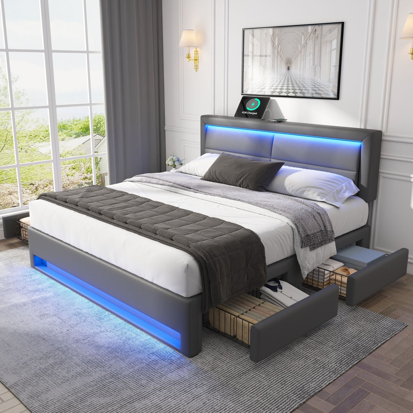 Tufted Bed 140 X 190 Cm With USB Port  Supports Wireless And Wired Charging , With LED Lighting And Four Storage Drawers, Without Mattress, PU Lychee Design, Grey OLD SKU-3256234AAG
