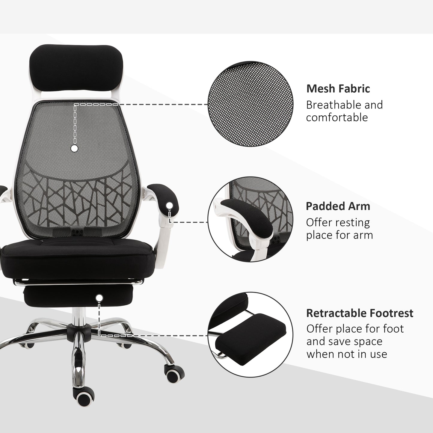 Ergonomic High Back Mesh Office Chair Swivel Reclining Computer Desk Chair with Retractable Footrest, Headrest, Padded Armrest