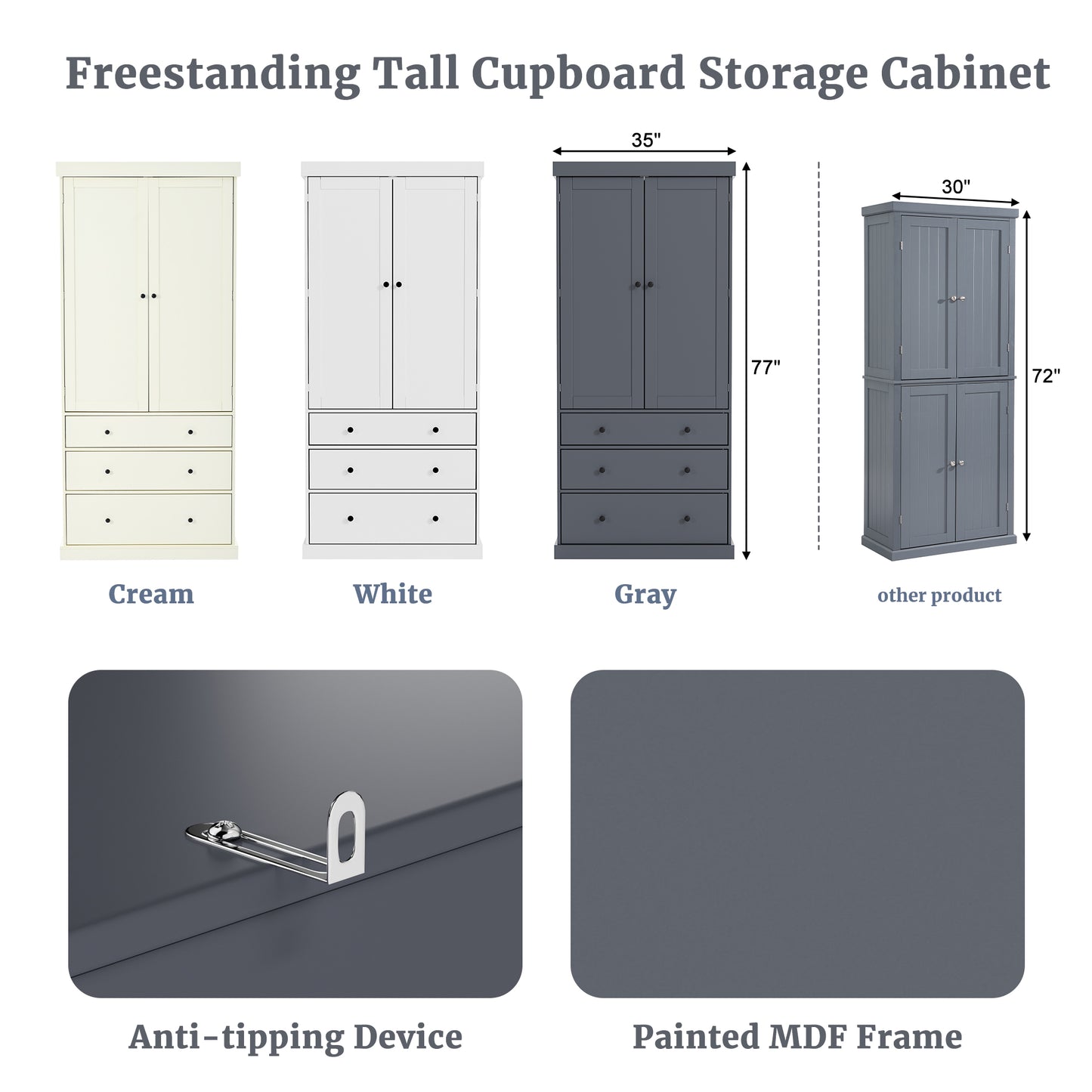 TOPMAx 77inch Farmhouse Kitchen Pantry  Freestanding Tall Cupboard Storage Cabinet With 3 Adjustable Shelves  8 Door Shelves  3 Drawers For Kitchen  Dining Room  Gray