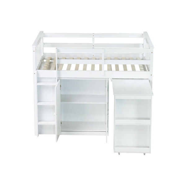 Twin Loft Bed With Storage Cabinet, Drawer And Shelf Cabinet And Pulling-Out Desk, Rubber Wood Loft Bed With Safety Guardrail, Ladder,White
