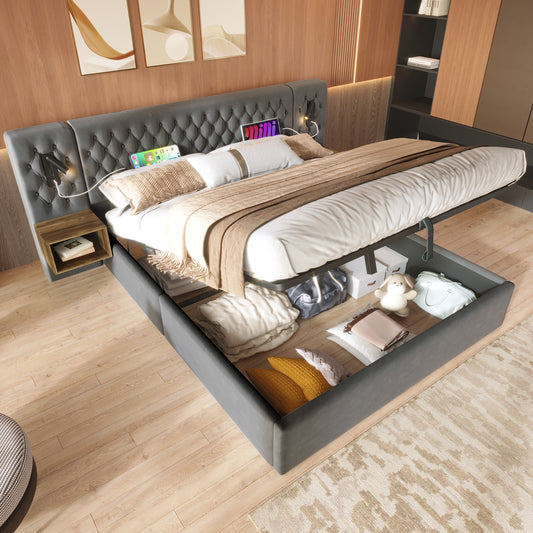 AB30260567G Bedding Bedroom Complete Set,Upholstered Bed Hydraulic Storage Bed Double Bed 180x200 Cm With 2 Bedside Tables, Headboard Reading Light With USB Charging Function, Grey, Velvet