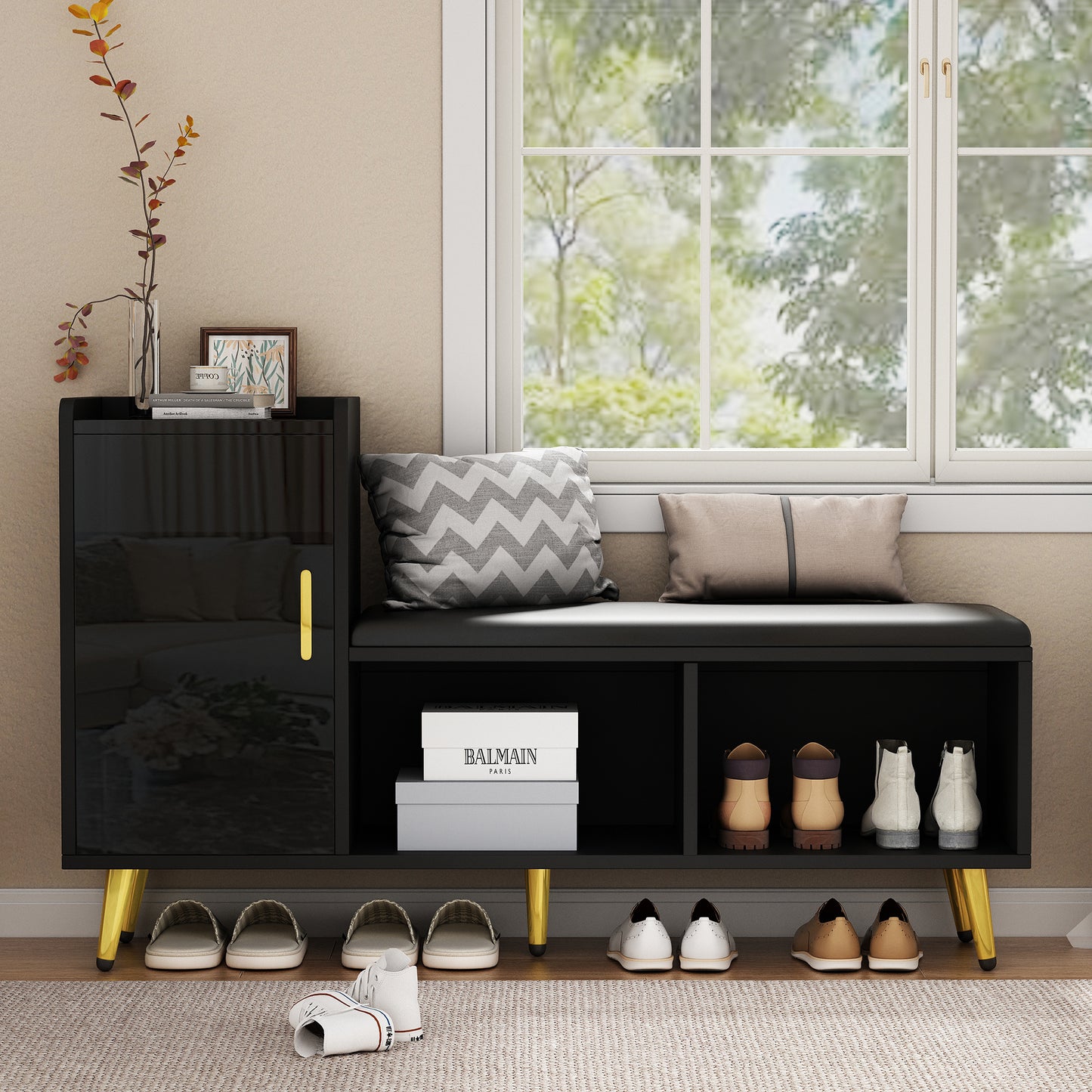 N625P235824B  Black High-gloss Cabinet Door With Storage Entrance Shoe Cabinet, Multi-level Shelf With Upholstered Seat, Shoe Changing Bench With Cabinet Gold Accessories For Entrance, Hallway, Bedr