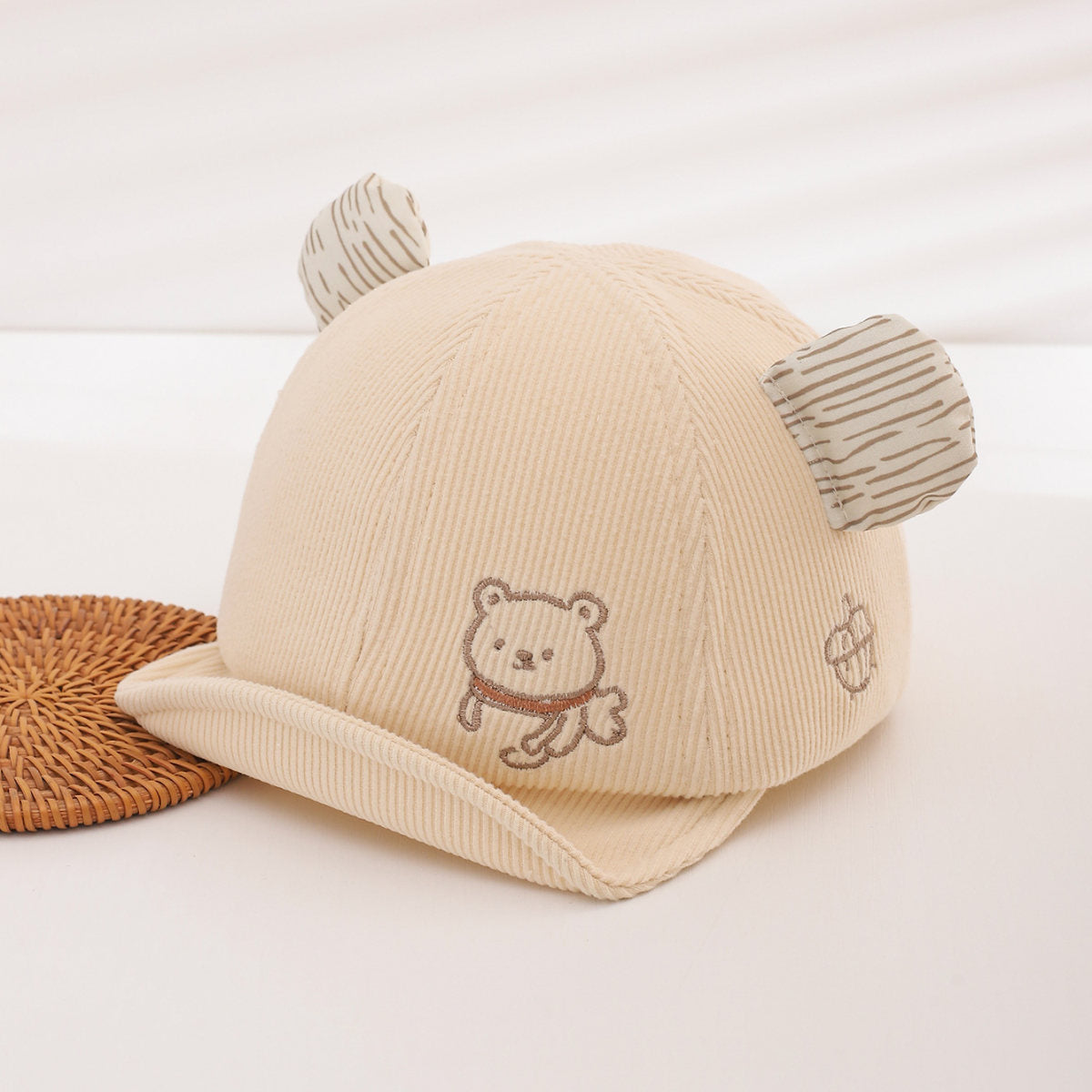 Fall Boys And Girls Bear Embroidered Soft Top Short Brimmed Hat For Baby Soft Corduroy Children's Outdoor Travel Hat