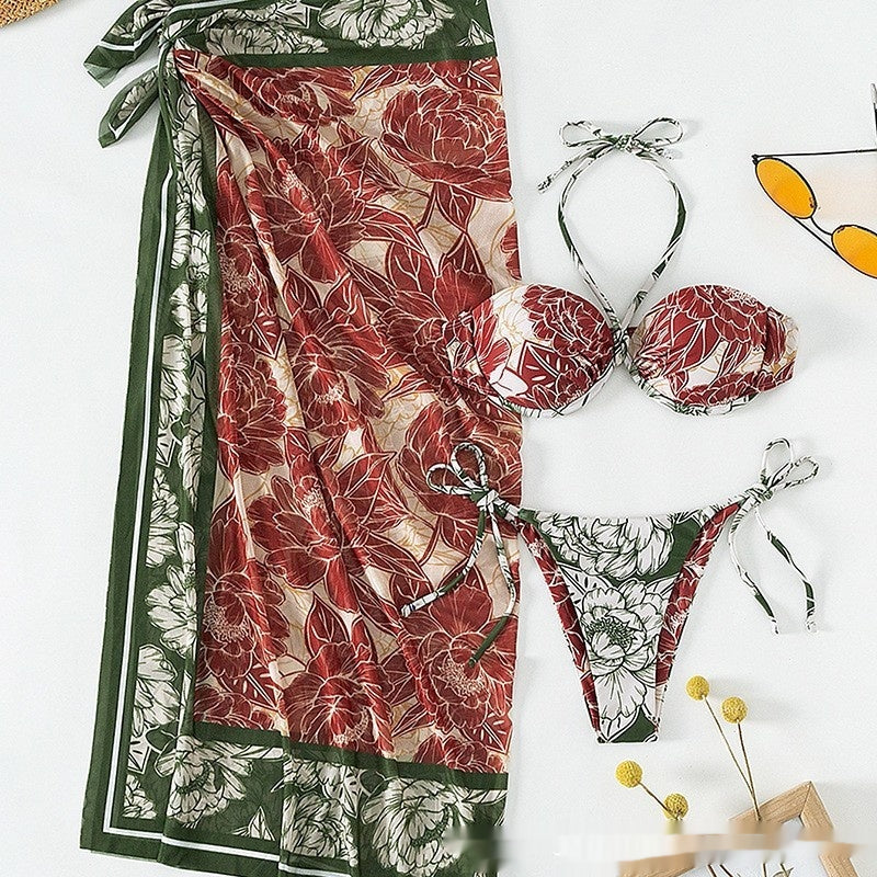 Three Piece Swimsuit Women's Sexy Print Bikini Suit High Waist Beauty Back