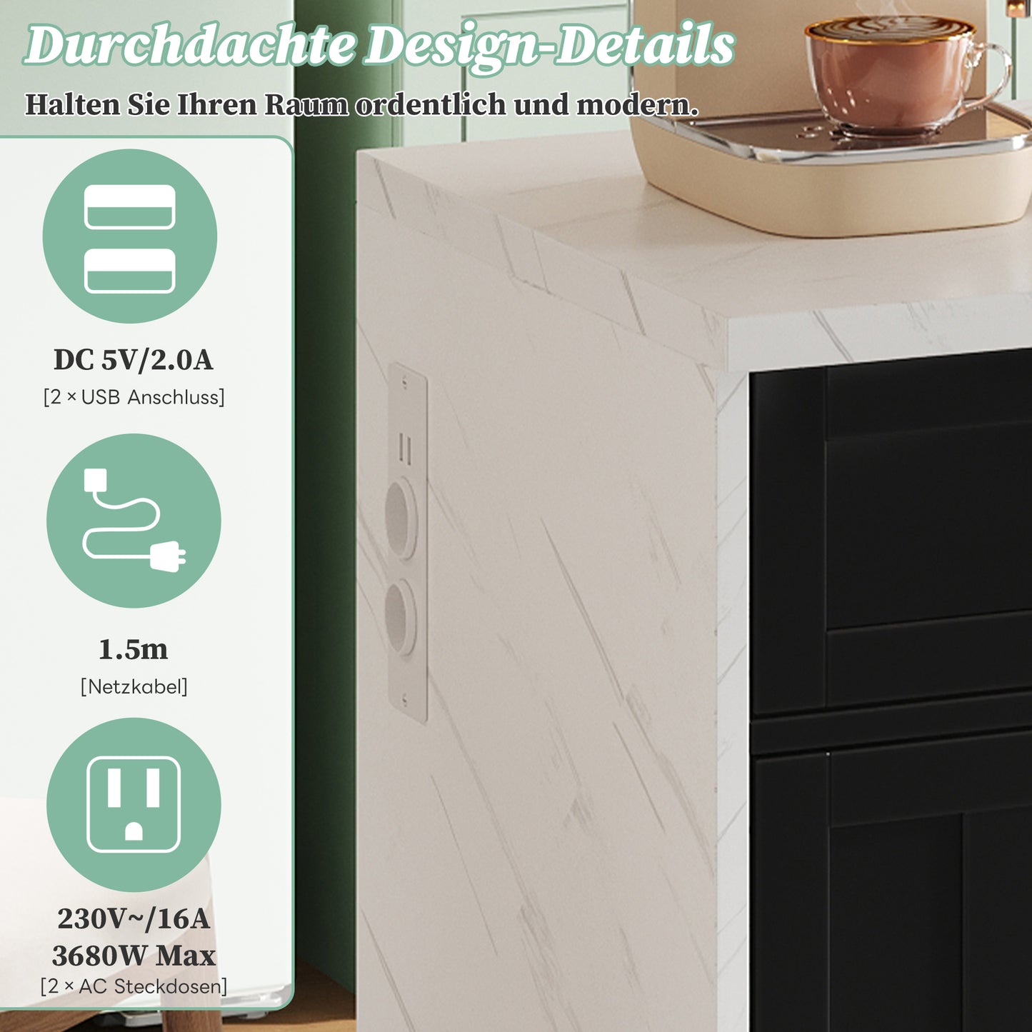 120x60x91cm, Kitchen Island, Sockets, USB Ports, 1.5m Long Power Cord, Adjustable Shelves, Metal Handles, Towel Rail, Bar Area, Suitable For Homes, Kitchens And Similar Rooms