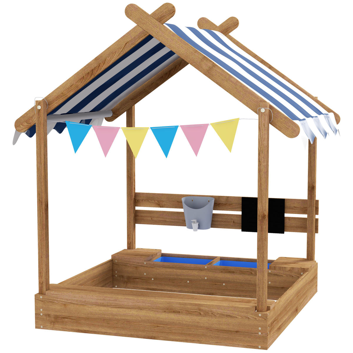 House-Designed Wooden Sandbox, Outdoor Sandpit, With Blackboard, Toys, Sink, Seats, Flags, For Ages 3-7 Years - Brown
