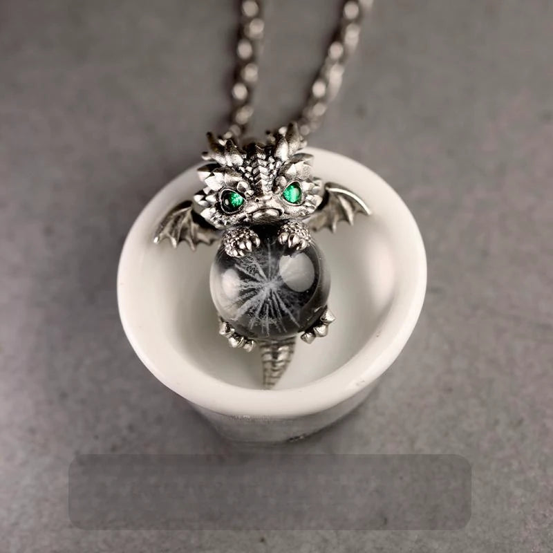 1pcs Vintage Metal Baby Dragon Holding Crystal Ball Pendant Necklace, Dark Fantasy Gothic Style, For Daily Street Cosplay Wear & Unisex Holiday Gifts