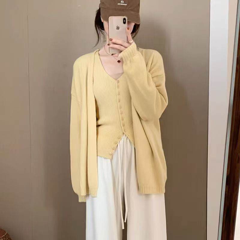 Korean-style Solid-color Set Knitted Vest With Cardigan Top