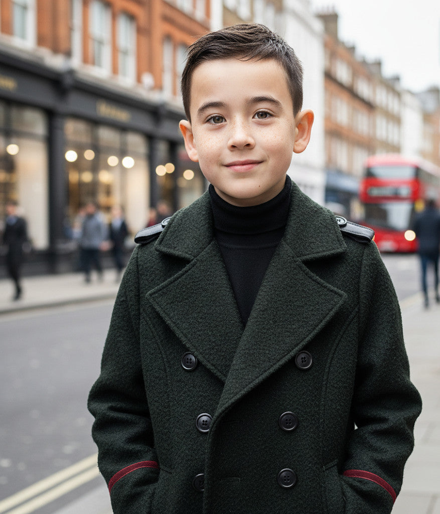 Boys Black Smart Casual Cashmere Coat Green Military Style Woolen Jacket  3-9Y