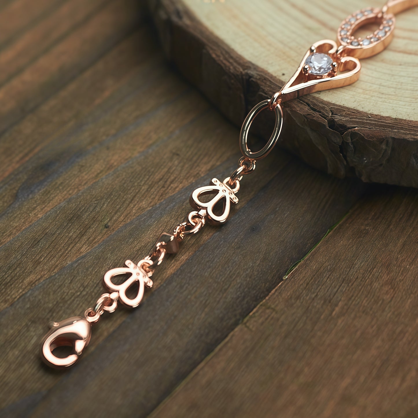 Rose Gold Heart & Oval Halo CZ Link Bracelet For Women, Copper Plated Silver Butterfly Decor Adjustable Extension Chain Dainty Wedding Party Crystal Jewelry Gift