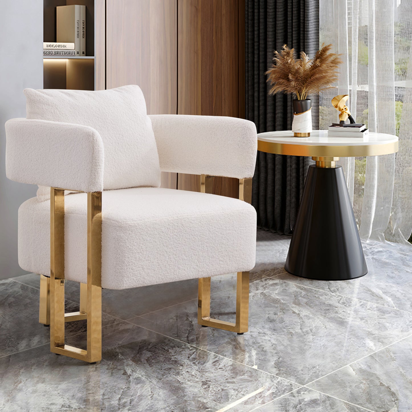 TS Modern Decorative Chair, Living Room Side Chair With Gold Metal Legs, No Wheels, Suitable For Dressing Area, Reception Room, Office,Teddy Fleece Upholstered Metal Foot Sofas 2PCS White