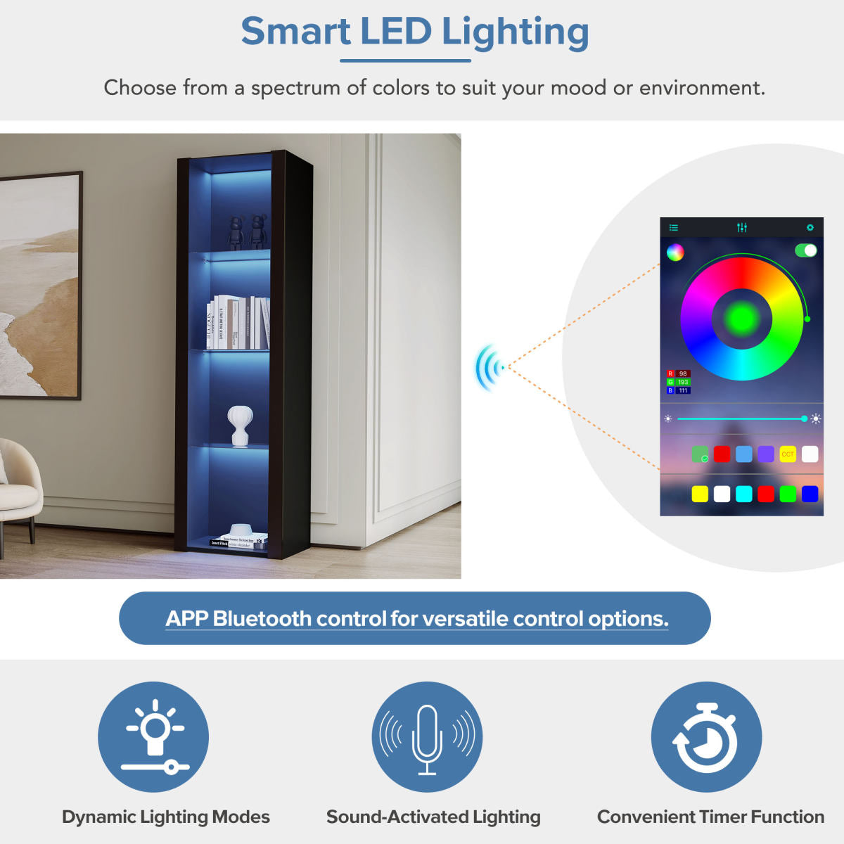 Black High Gloss Display Cabinet With LED Lighting, 3 Glass Compartments, 55x38x166cm, Display Cabinet, Standing Cabinet, Tall Cabinet, Storage Cabinet