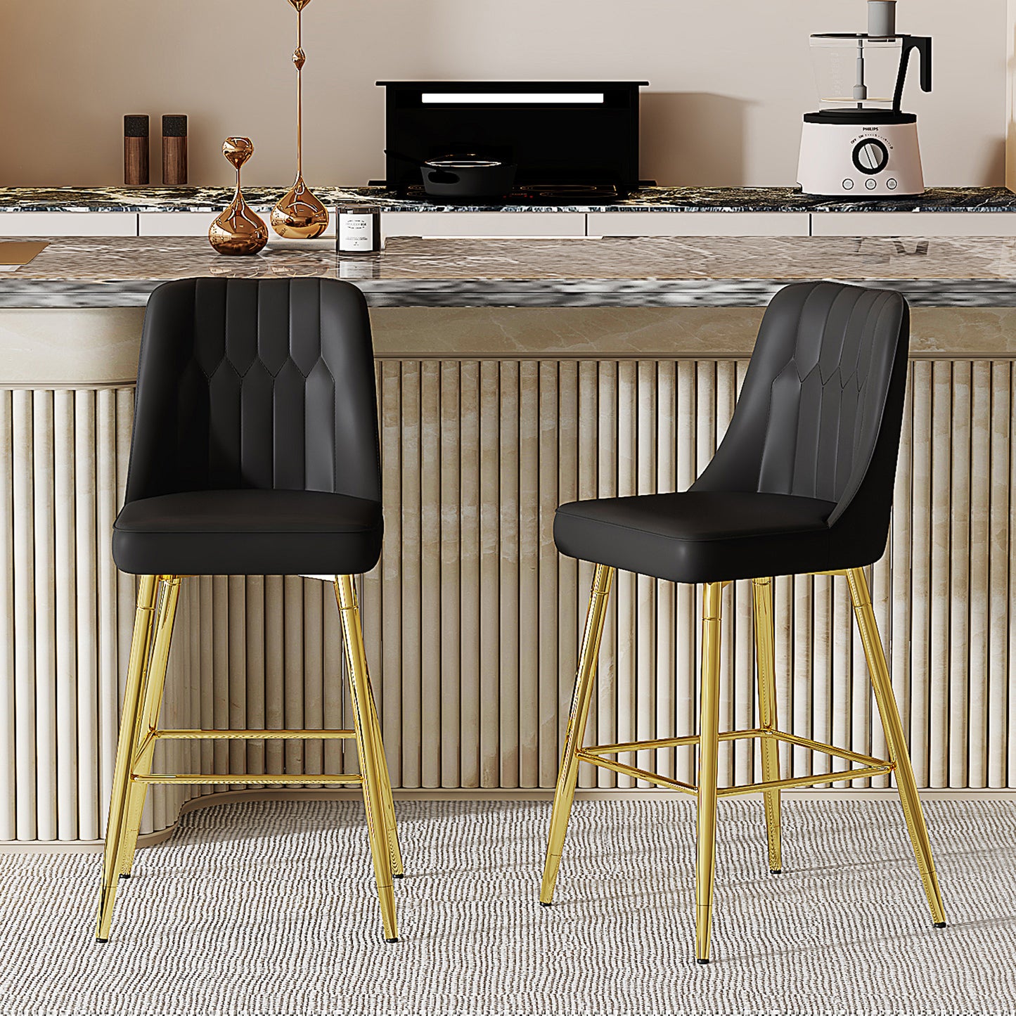 Set Of 2 Bar Stools, Height 100 Cm, Black PU Leather With Gold-coloured Metal Frame And Comfortable Footrest. Available In Several Colours  The Ideal Choice For Your Home Bar.