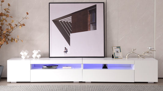 White Modern TV Cabinet, Bright Panel, Adjustable LED Lighting, Living And Dining Room 240cm Shiny Panel, Not High Gloss
