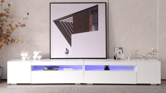 White Modern TV Cabinet, Bright Panel, Adjustable LED Lighting, Living And Dining Room 240cm Shiny Panel, Not High Gloss