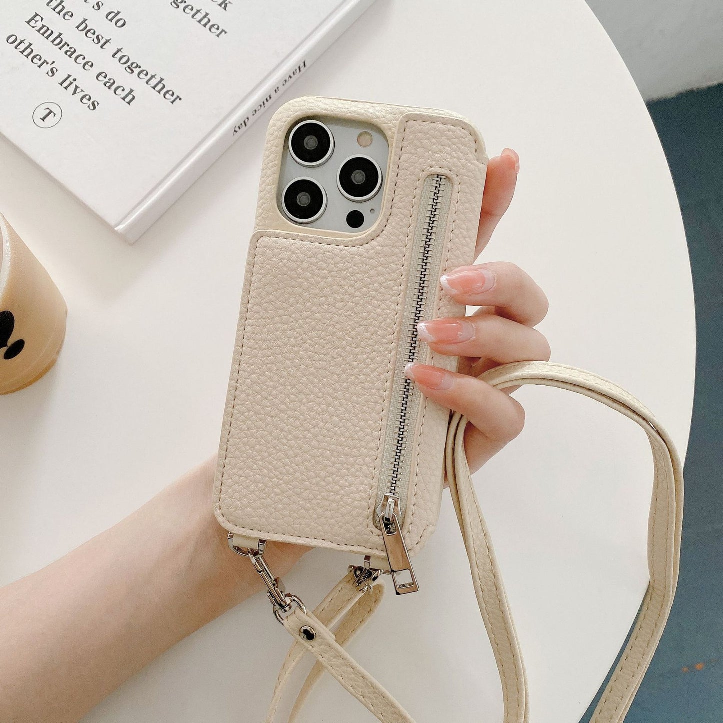 Phone Case Lychee Pattern Card-inserting Beauty Mirror Crossbody