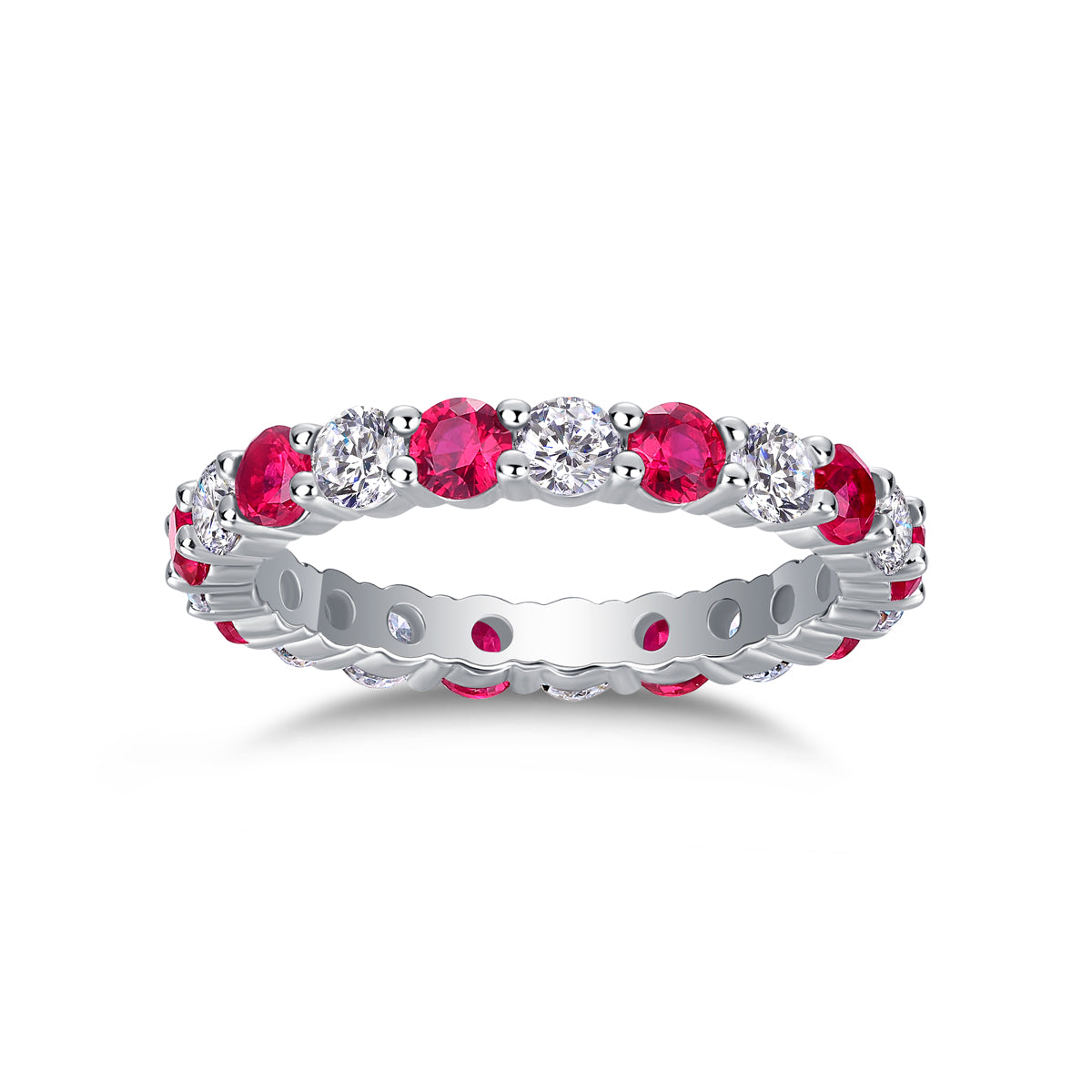 2.4g S925 Sterling Silver Platinum Plated Ring  Synthetic Ruby & White Stone Alternating Eternity Band, Dainty Promise Ring With Hollow Detailing For Women, Jewelry Gift Box Set