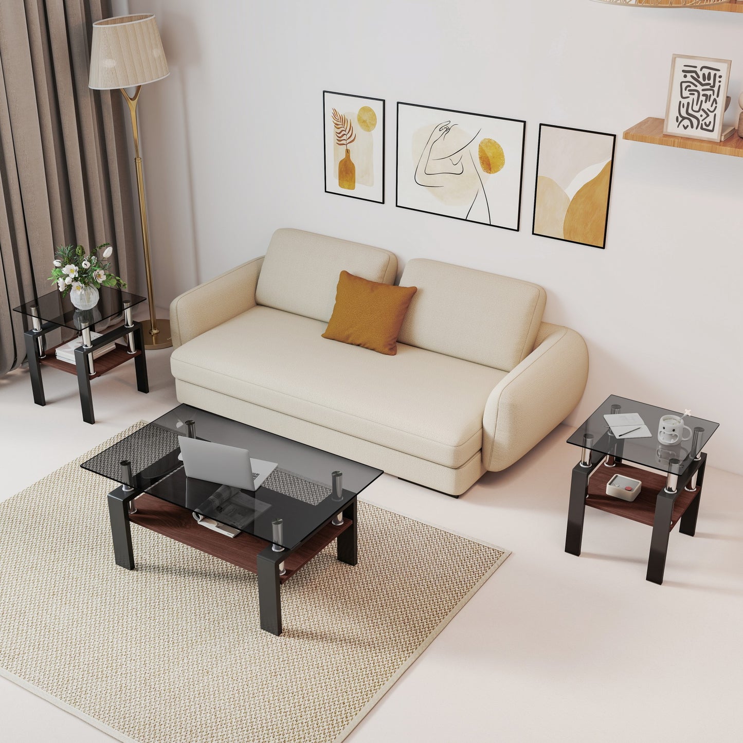 Set Of 2 Modern Tempered Glass Tea Table ,Tempered Glass Tabletop With MDF Layer,Coffee Table,End Table, Square Table For Living Room, Gray Black