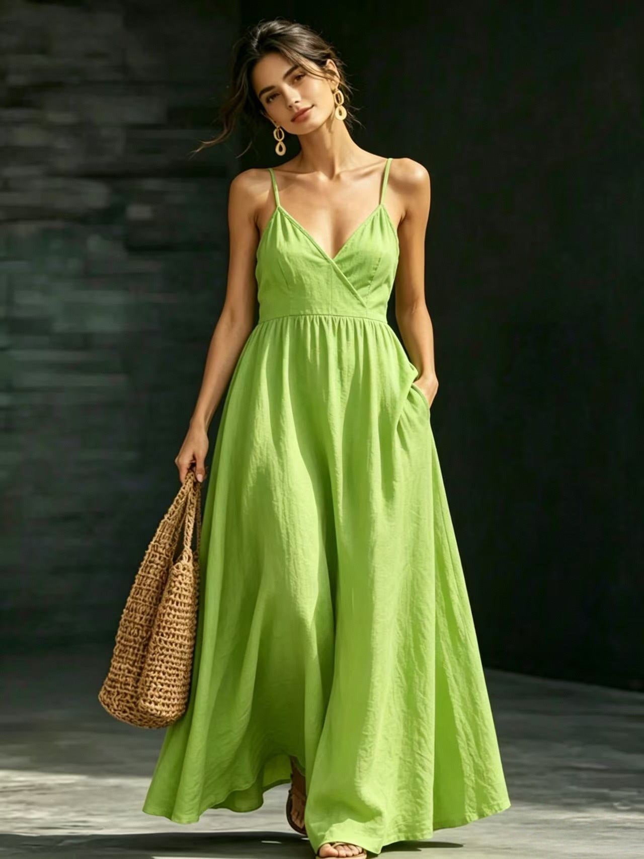 Summer V-Neck Spaghetti Strap Maxi Dress With Pockets - Elegant Vacation & Office Wear For Women